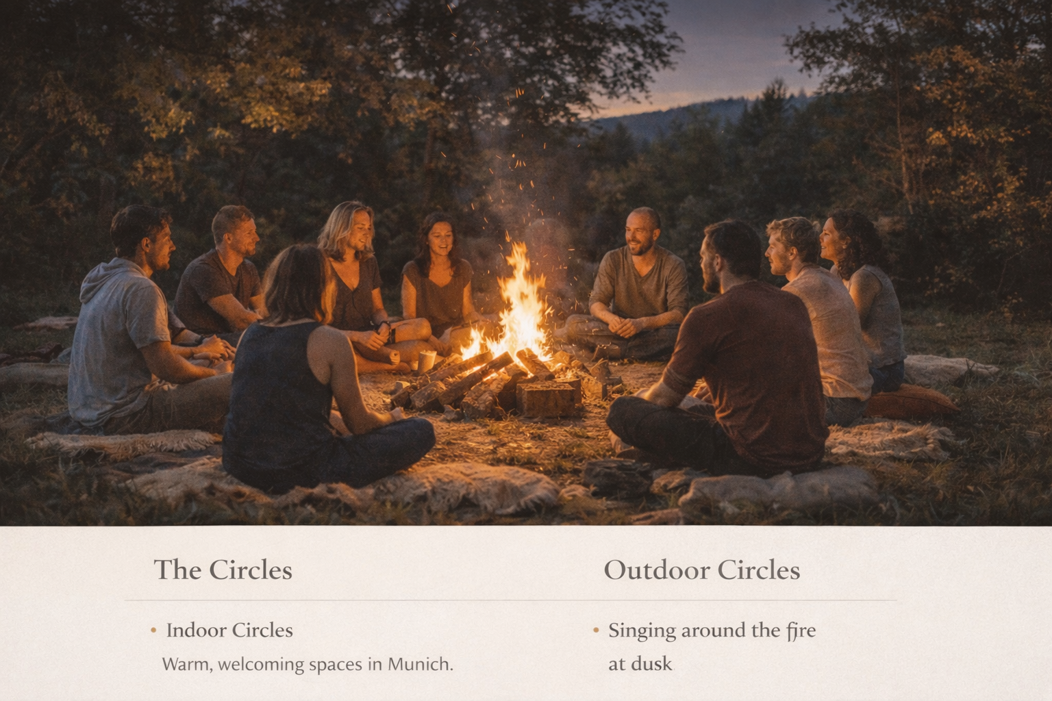 Singing circle around a fire at dusk in a meadow near the forest